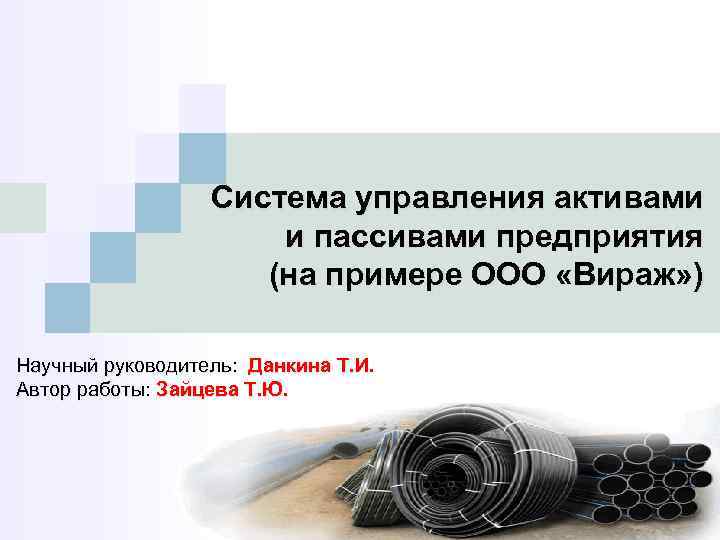 Система управления активами и пассивами предприятия (на примере ООО «Вираж» ) Научный руководитель: Данкина
