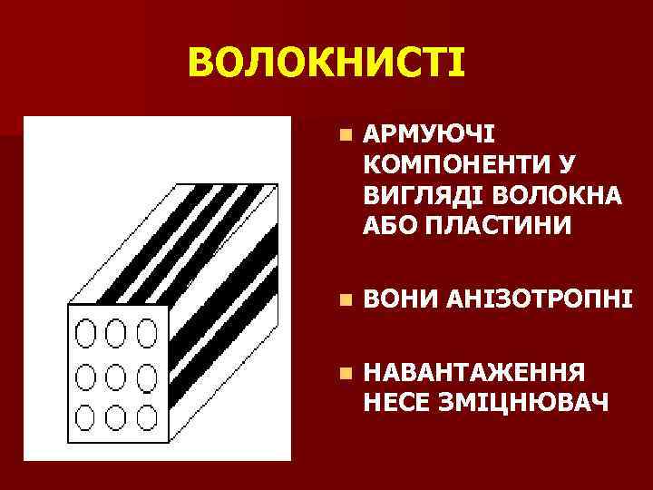 ВОЛОКНИСТІ n АРМУЮЧІ КОМПОНЕНТИ У ВИГЛЯДІ ВОЛОКНА АБО ПЛАСТИНИ n ВОНИ АНІЗОТРОПНІ n НАВАНТАЖЕННЯ