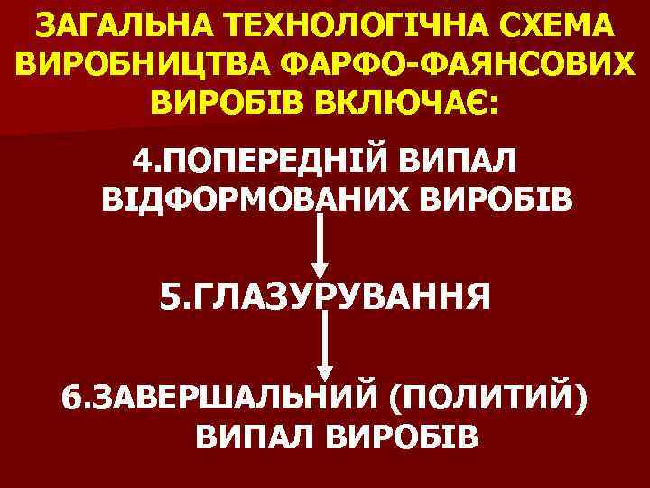 ЗАГАЛЬНА ТЕХНОЛОГІЧНА СХЕМА ВИРОБНИЦТВА ФАРФО-ФАЯНСОВИХ ВИРОБІВ ВКЛЮЧАЄ: 4. ПОПЕРЕДНІЙ ВИПАЛ ВІДФОРМОВАНИХ ВИРОБІВ 5. ГЛАЗУРУВАННЯ