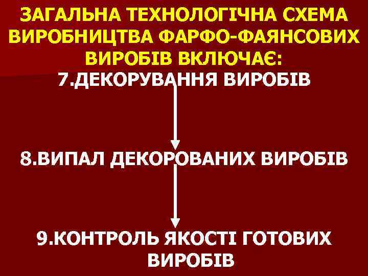ЗАГАЛЬНА ТЕХНОЛОГІЧНА СХЕМА ВИРОБНИЦТВА ФАРФО-ФАЯНСОВИХ ВИРОБІВ ВКЛЮЧАЄ: 7. ДЕКОРУВАННЯ ВИРОБІВ 8. ВИПАЛ ДЕКОРОВАНИХ ВИРОБІВ