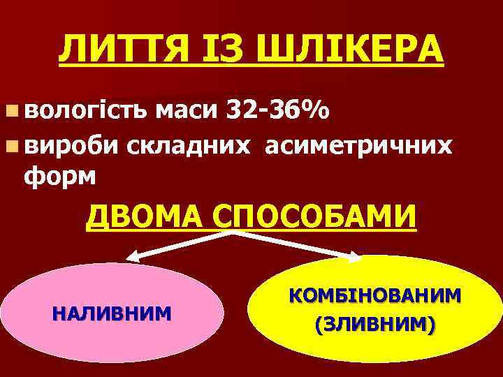 ЛИТТЯ ІЗ ШЛІКЕРА n вологість маси 32 -36% n вироби складних асиметричних форм ДВОМА