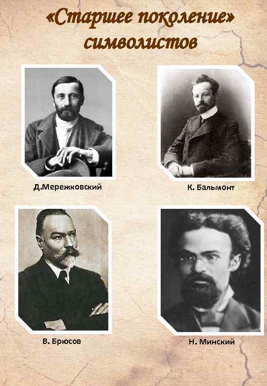  «Старшее поколение» символистов Д. Мережковский В. Брюсов К. Бальмонт Н. Минский 