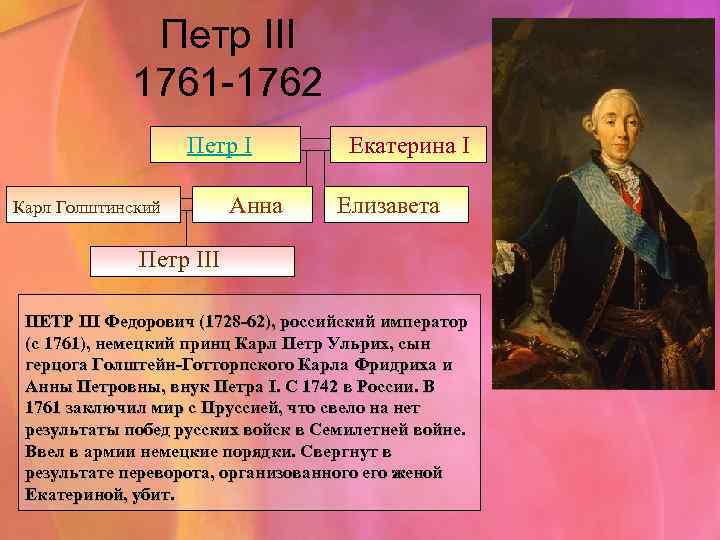 Родство екатерины 1. Фавориты Петра 3 1761-1762. Регент Петра 3.