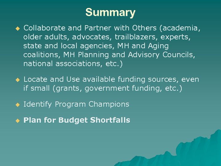 Summary u Collaborate and Partner with Others (academia, older adults, advocates, trailblazers, experts, state