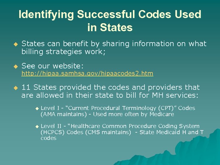 Identifying Successful Codes Used in States u States can benefit by sharing information on