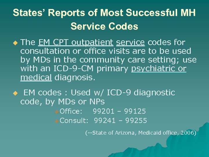 States’ Reports of Most Successful MH Service Codes u u The EM CPT outpatient