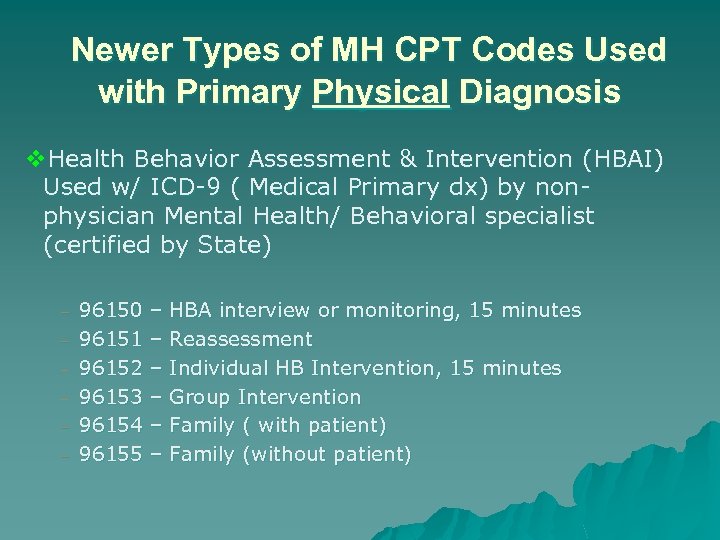 Newer Types of MH CPT Codes Used with Primary Physical Diagnosis v. Health Behavior
