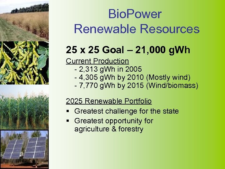 Bio. Power Renewable Resources 25 x 25 Goal – 21, 000 g. Wh Current