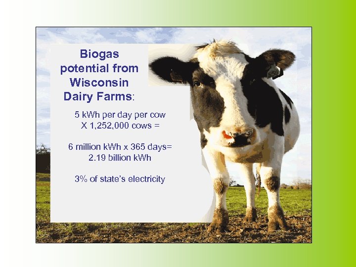 Biogas potential from Wisconsin Dairy Farms: 5 k. Wh per day per cow X