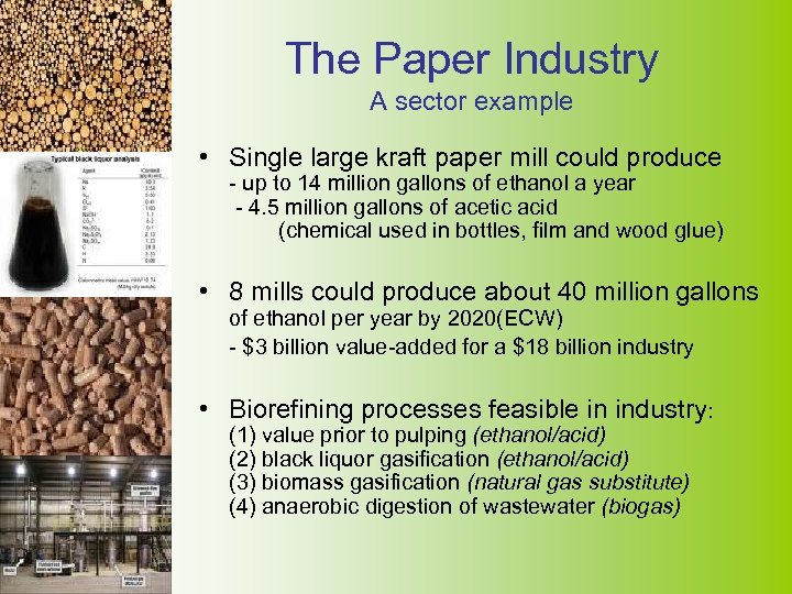 The Paper Industry A sector example • Single large kraft paper mill could produce