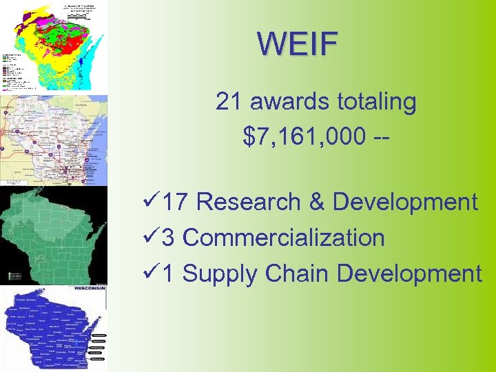 WEIF 21 awards totaling $7, 161, 000 -- ü 17 Research & Development ü