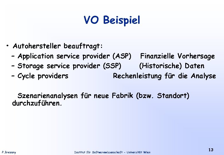 VO Beispiel • Autohersteller beauftragt: – Application service provider (ASP) Finanzielle Vorhersage – Storage