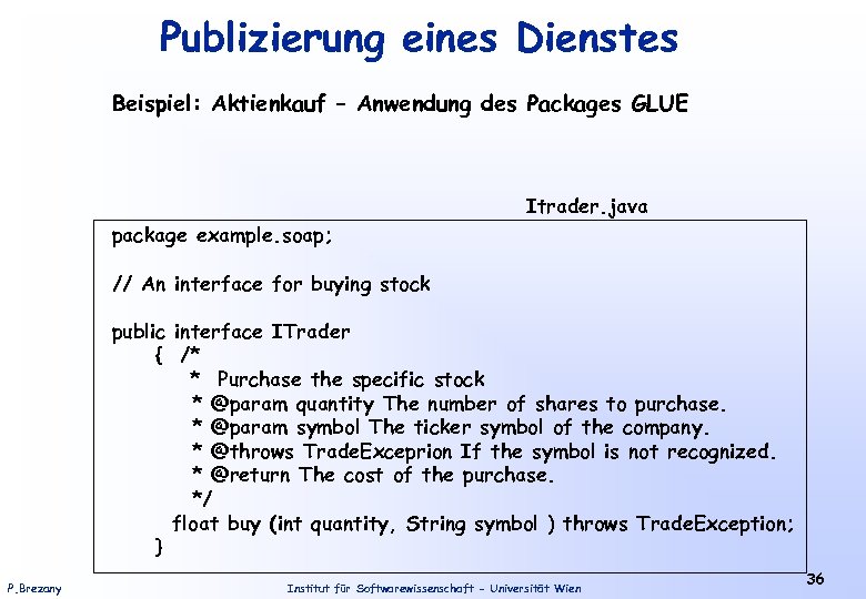 Publizierung eines Dienstes Beispiel: Aktienkauf – Anwendung des Packages GLUE Itrader. java package example.