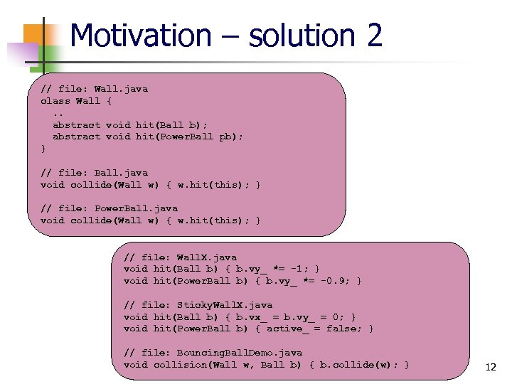 Motivation – solution 2 // file: Wall. java class Wall {. . abstract void