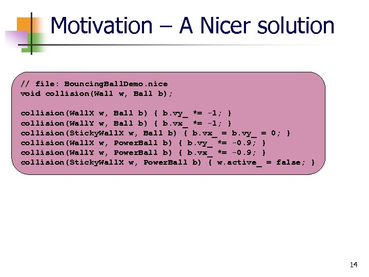 Motivation – A Nicer solution // file: Bouncing. Ball. Demo. nice void collision(Wall w,