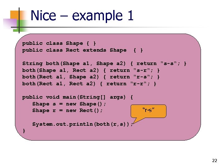Nice – example 1 public class Shape { } public class Rect extends Shape