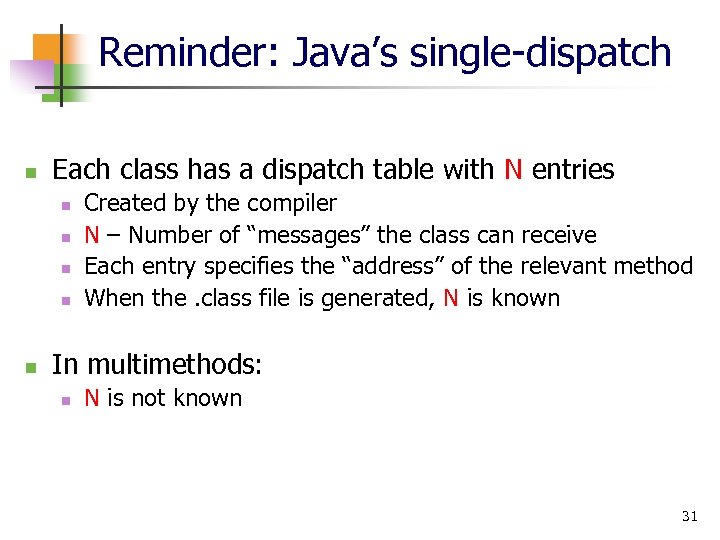 Reminder: Java’s single-dispatch n Each class has a dispatch table with N entries n