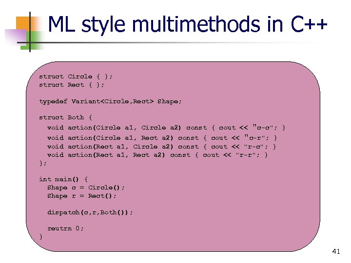 ML style multimethods in C++ struct Circle { }; struct Rect { }; typedef
