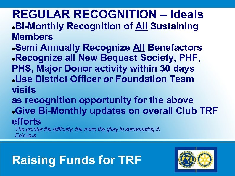 REGULAR RECOGNITION – Ideals Bi-Monthly Recognition of All Sustaining Members Semi Annually Recognize All