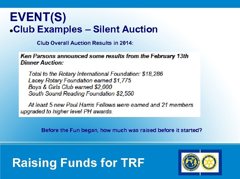 EVENT(S) Club Examples – Silent Auction Club Overall Auction Results in 2014: Before the