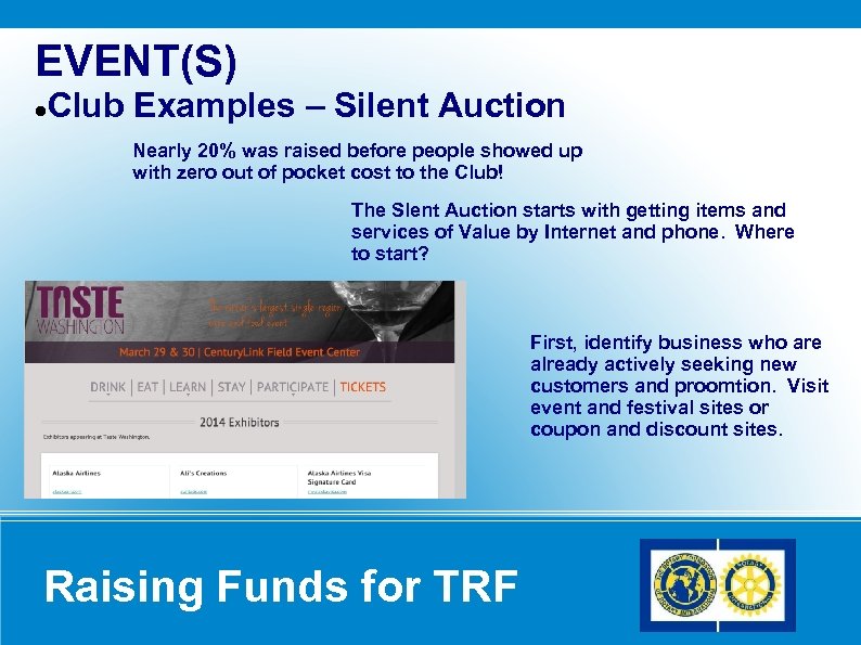 EVENT(S) Club Examples – Silent Auction Nearly 20% was raised before people showed up