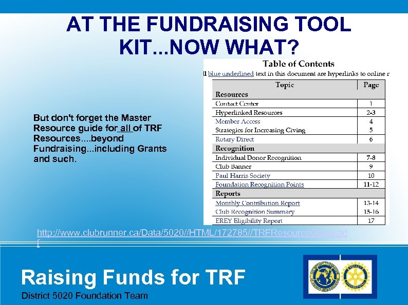 AT THE FUNDRAISING TOOL KIT. . . NOW WHAT? But don't forget the Master
