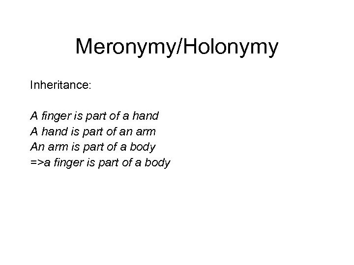 Meronymy/Holonymy Inheritance: A finger is part of a hand A hand is part of