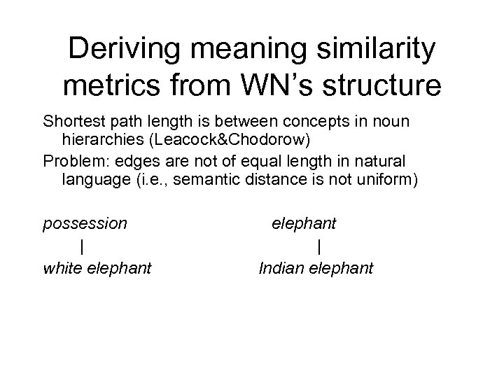 Deriving meaning similarity metrics from WN’s structure Shortest path length is between concepts in