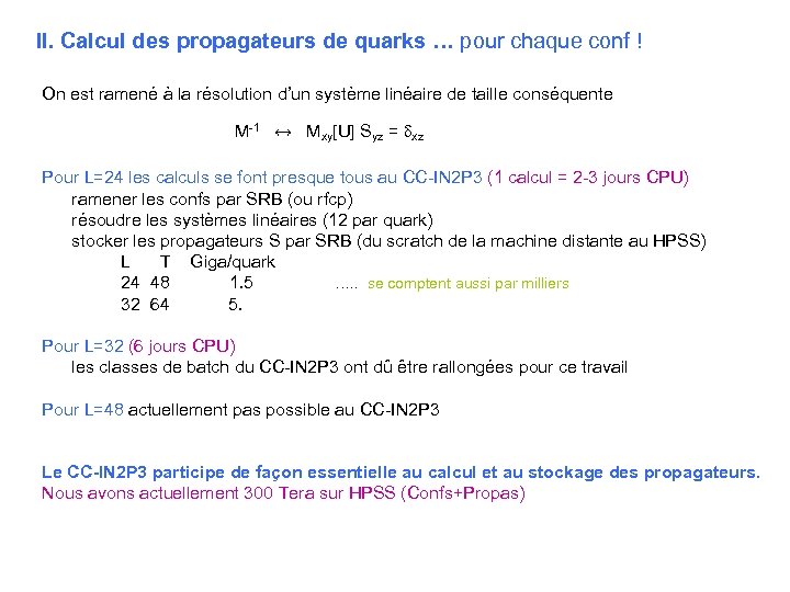 II. Calcul des propagateurs de quarks … pour chaque conf ! On est ramené