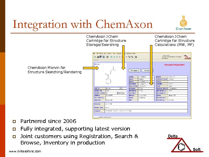 Integration with Chem. Axon JChem Cartridge for Structure Storage/Searching Chem. Axon Marvin for Structure