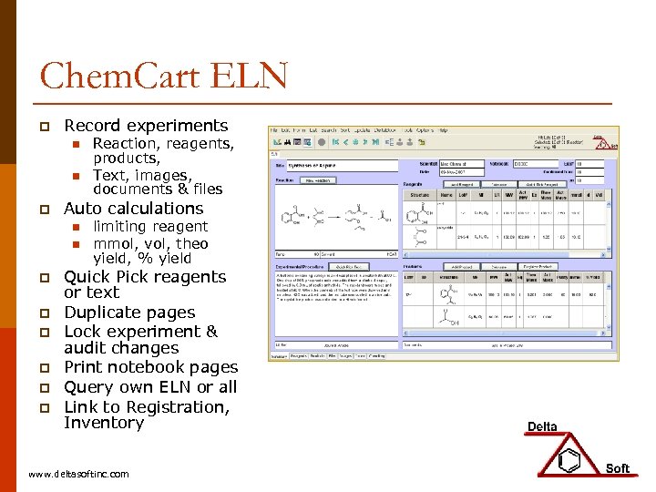 Chem. Cart ELN p Record experiments n n p Auto calculations n n p