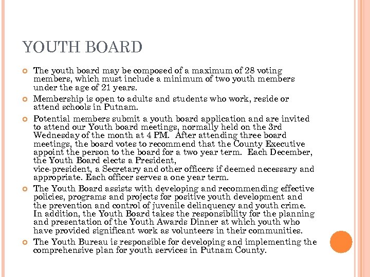 YOUTH BOARD The youth board may be composed of a maximum of 28 voting