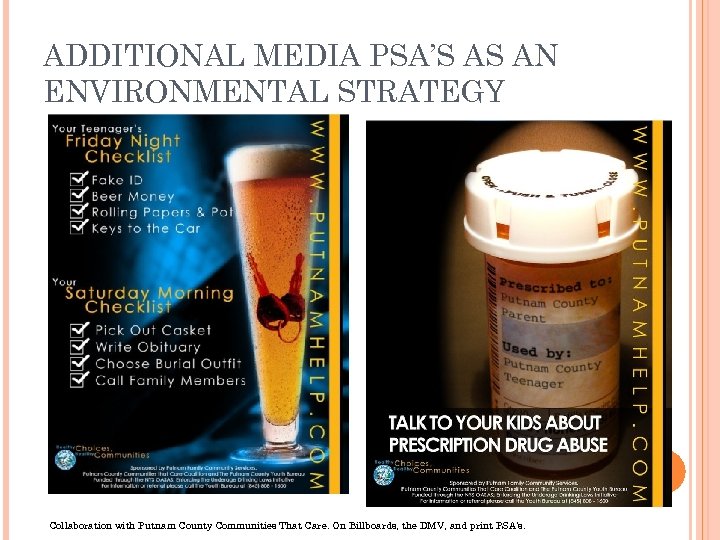 ADDITIONAL MEDIA PSA’S AS AN ENVIRONMENTAL STRATEGY Collaboration with Putnam County Communities That Care.