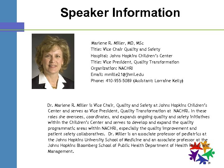 Speaker Information Marlene R. Miller, MD, MSc Title: Vice Chair Quality and Safety Hospital: