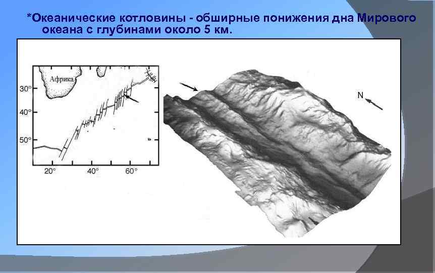 *Океанические котловины - обширные понижения дна Мирового океана с глубинами около 5 км. *