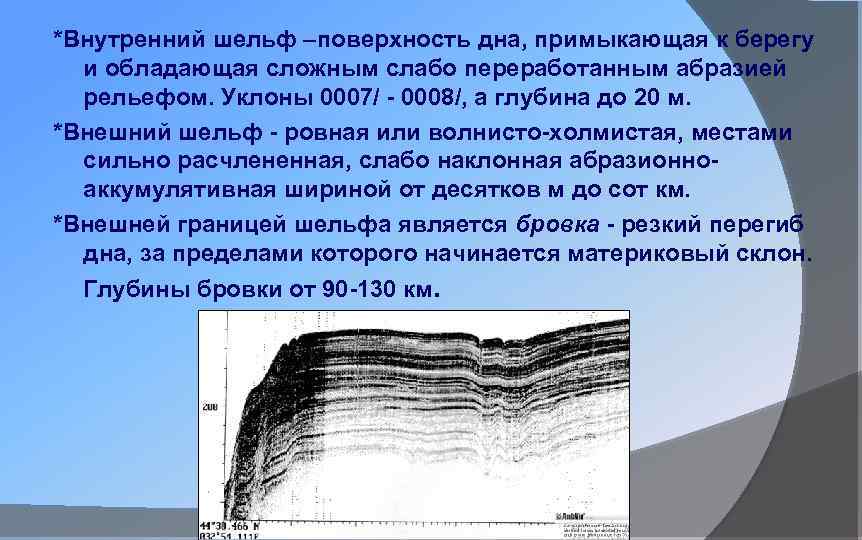 *Внутренний шельф –поверхность дна, примыкающая к берегу и обладающая сложным слабо переработанным абразией рельефом.