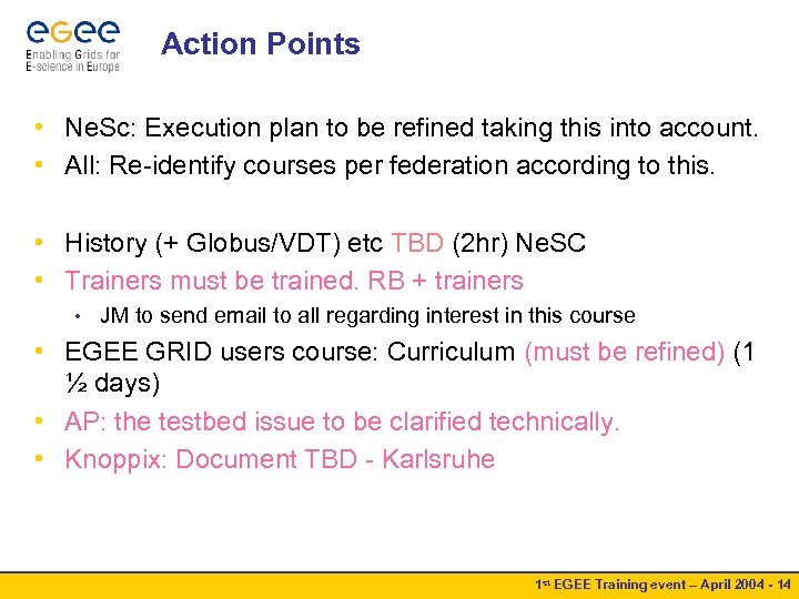 Action Points • Ne. Sc: Execution plan to be refined taking this into account.