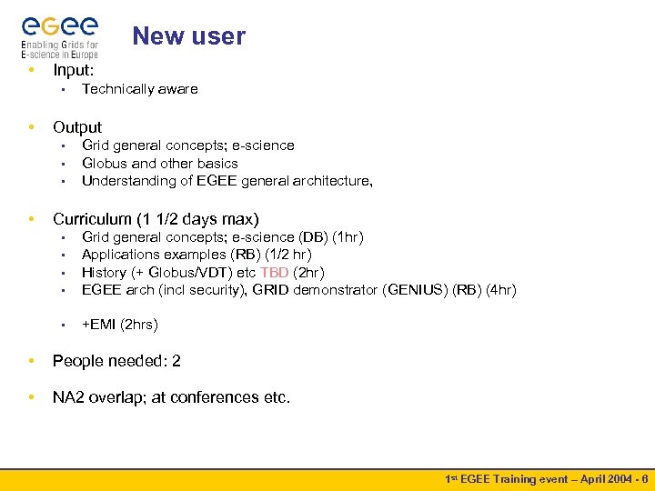 New user • Input: • • Output • • Technically aware Grid general concepts;
