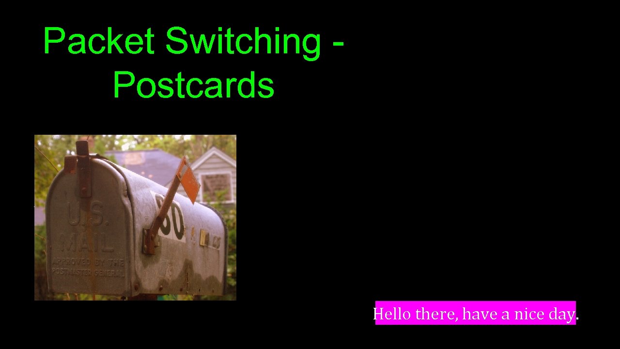 Packet Switching Postcards Hello ther (1, csev, daphne) e, have a (3, nice day.