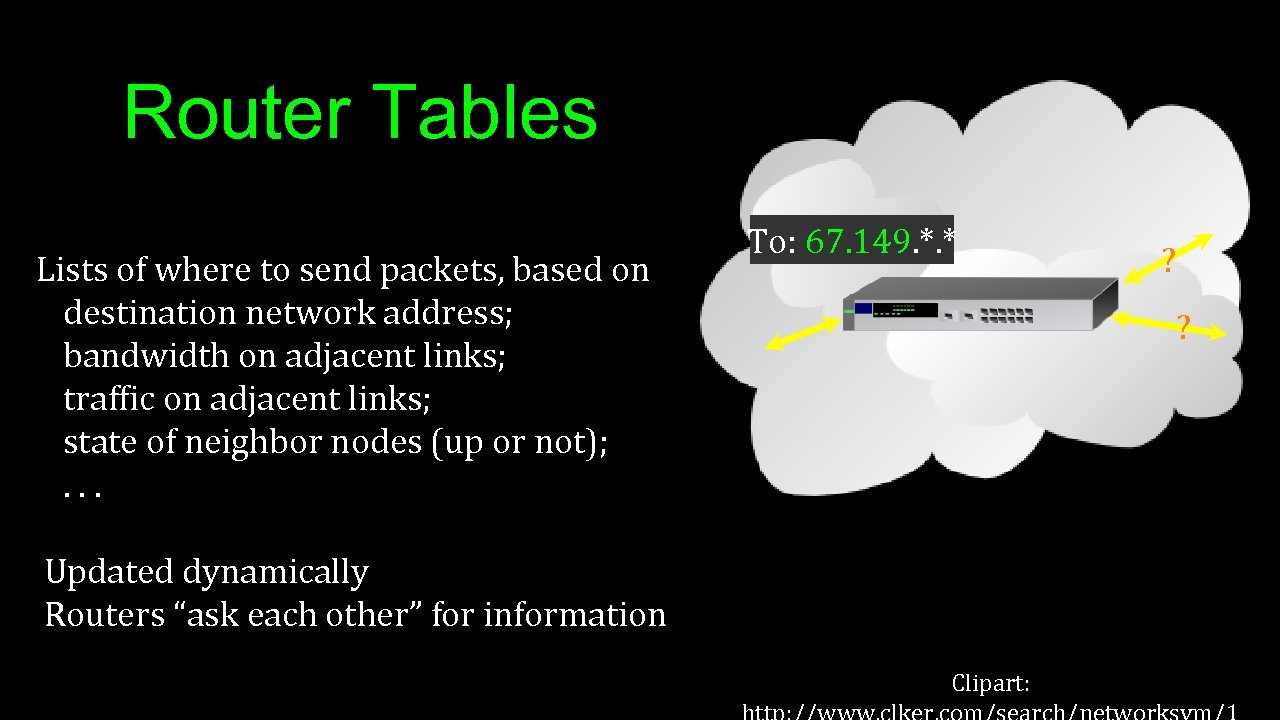 Router Tables Lists of where to send packets, based on destination network address; bandwidth