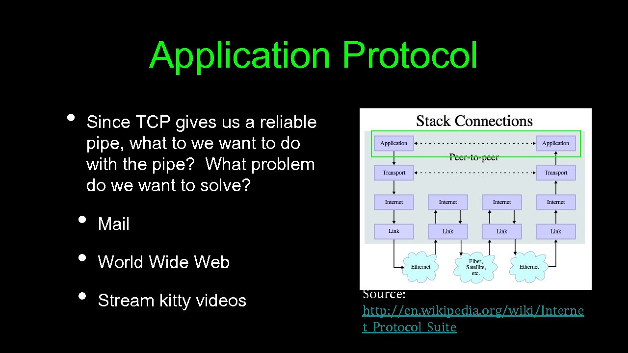 Application Protocol • Since TCP gives us a reliable pipe, what to we want