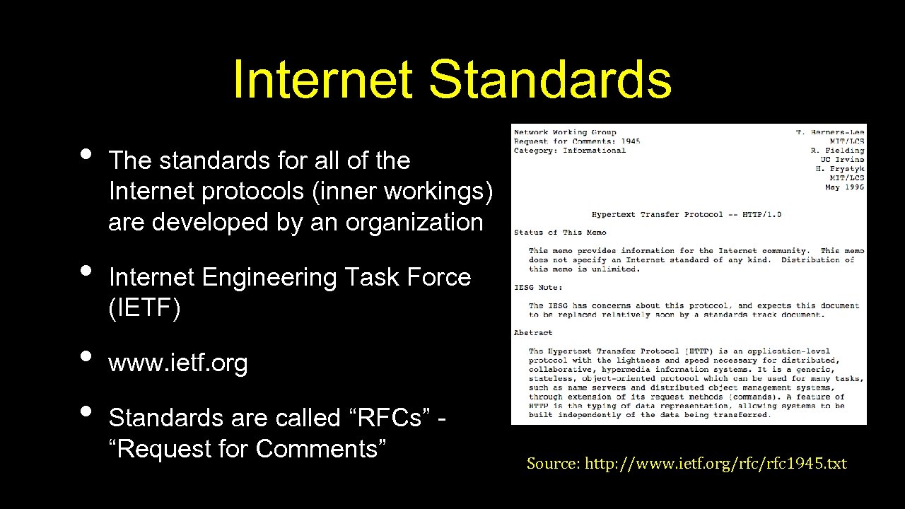 Internet Standards • • The standards for all of the Internet protocols (inner workings)