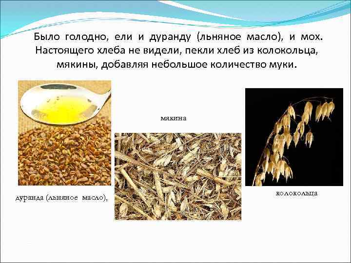 Было голодно, ели и дуранду (льняное масло), и мох. Настоящего хлеба не видели, пекли