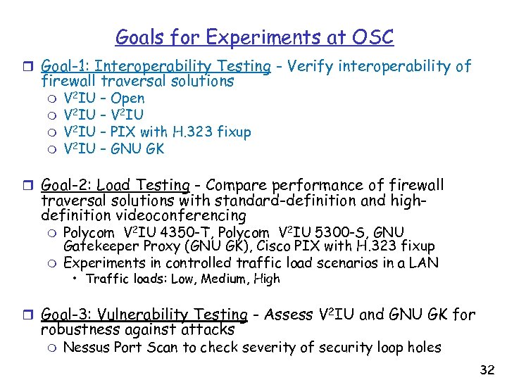 Goals for Experiments at OSC r Goal-1: Interoperability Testing - Verify interoperability of firewall