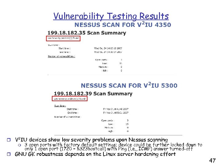 Vulnerability Testing Results r V 2 IU devices show low severity problems upon Nessus