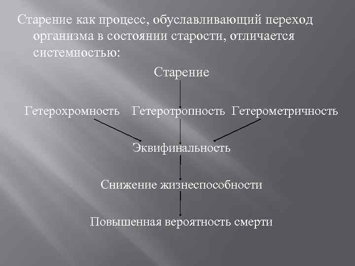 Старение как процесс, обуславливающий переход организма в состоянии старости, отличается системностью: Старение Гетерохромность Гетеротропность