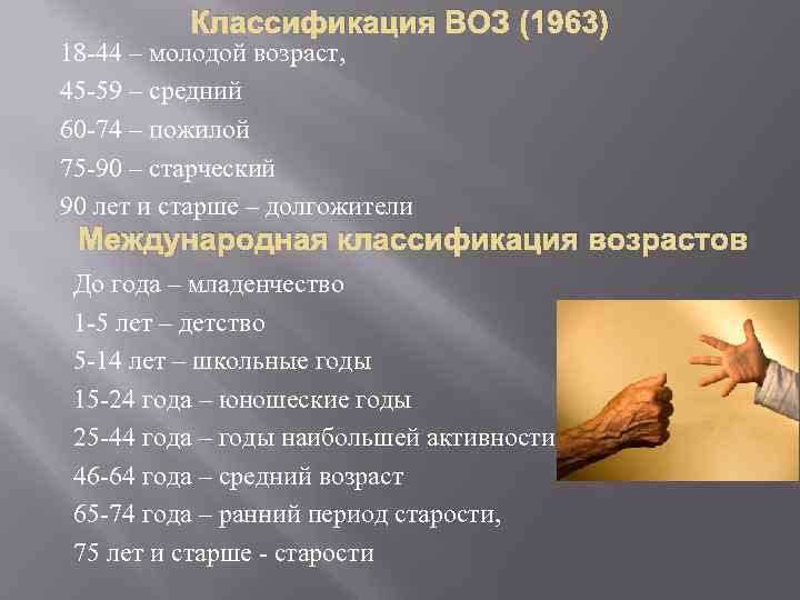Классификация ВОЗ (1963) 18 -44 – молодой возраст, 45 -59 – средний 60 -74