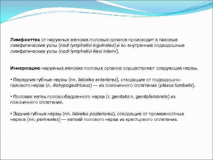 Лимфоотток от наружных женских половых органов происходит в паховые лимфатические узлы (nodi lymphatici inguinales)