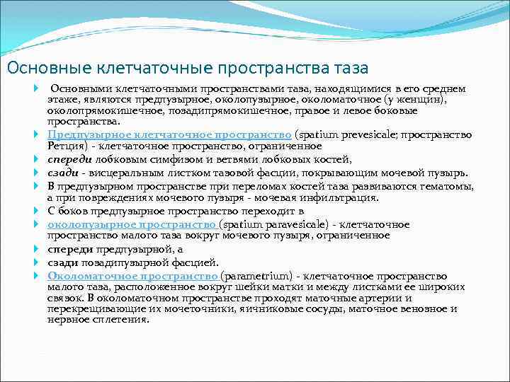 Основные клетчаточные пространства таза Основными клетчаточными пространствами таза, находящимися в его среднем этаже, являются