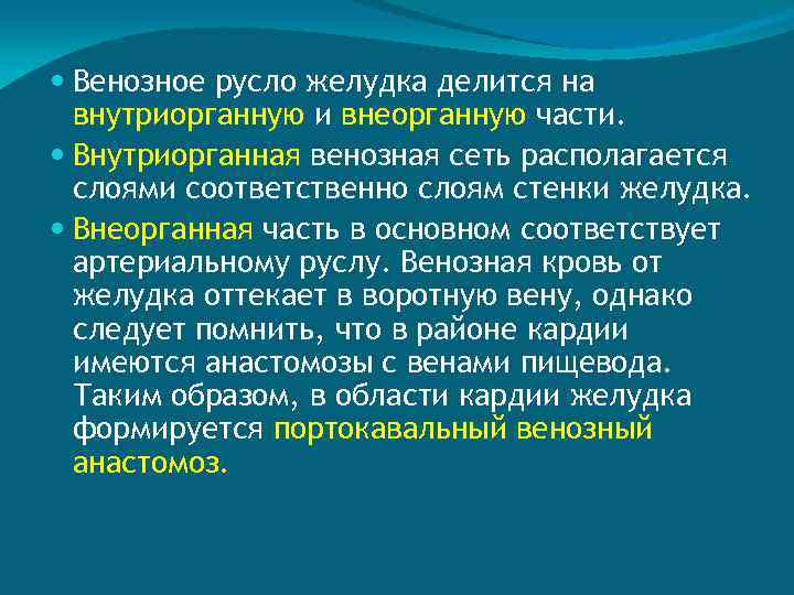  Венозное русло желудка делится на внутриорганную и внеорганную части. Внутриорганная венозная сеть располагается